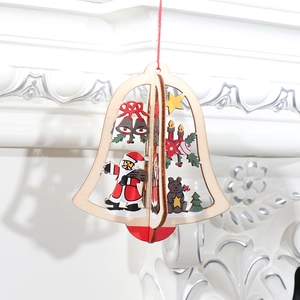 Close-up of 3D wooden Christmas bell ornament with Santa and bear patterns for decor