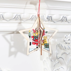 3D laser-cut wooden star ornament featuring festive cartoon bears and a red hanging cord