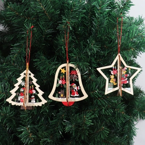3D wooden Christmas tree bell star ornaments with festive Santa and snowman printing