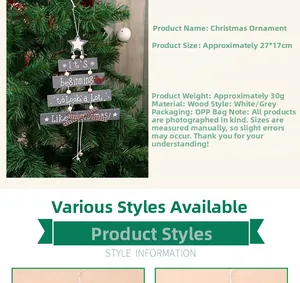 Detail of wooden Christmas tree wall hanging with bird motif and holiday greeting