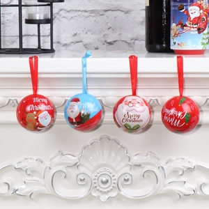 Set of 4 Christmas tin ball candy boxes with festive patterns and ribbon hangers