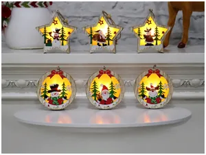 Glow-in-the-dark wooden Christmas pendant featuring reindeer and snowman with warm LED