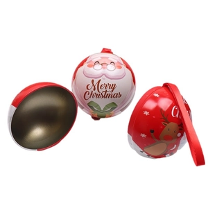 Christmas tin ball candy box with Santa and Reindeer designs for tree decoration