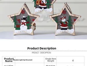 Detail of wooden LED Christmas star ornaments with snowman and reindeer laser-cut designs