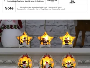 Detail of wooden LED Christmas ornaments featuring star and round shapes with elk and snowmen
