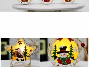 Detail of wooden Christmas ornaments with warm LED lights and festive deer snowflake carvings