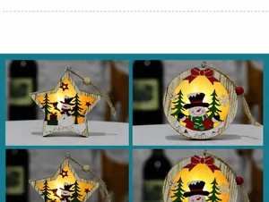 Macro view of glowing wooden Christmas star and round ornaments with warm LED light decor
