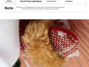 Detail of Christmas wooden pendant featuring brown plush fur and red plaid fabric texture