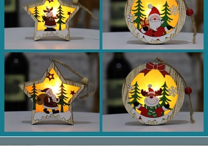 Quad view of glowing wooden Christmas ornaments with Santa and reindeer motifs
