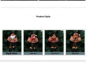 Close-up of plush Santa and reindeer Christmas ornaments with wooden lettered plaques