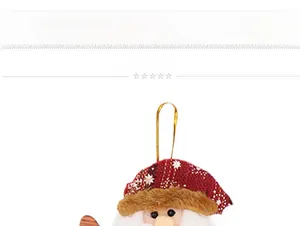 Detail of plush Santa ornament featuring a red and black plaid hat with gold hanging string