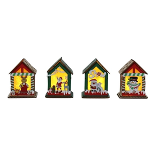 Lot de quatre maisons de Noël en bois lumineuses avec cerf et père Noël à LED