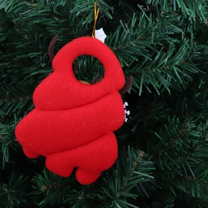 Detail of red Among Us style Christmas felt ornament with reindeer antlers and snowflake
