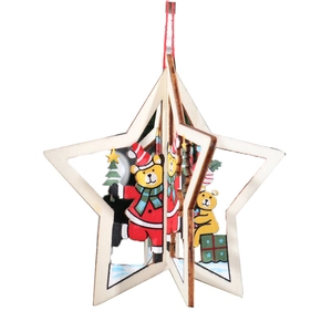 3D laser-cut wooden star ornament featuring a bear and Christmas tree with red hanging rope