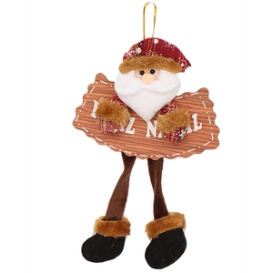 Christmas Santa Claus plush hanging ornament with Feliz Natal wooden sign and plaid hat