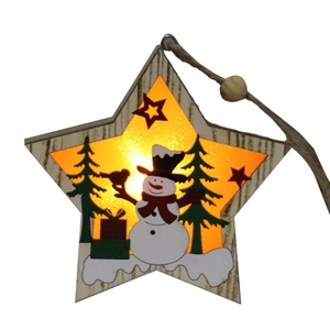 Luminous wooden star Christmas ornament featuring a snowman and LED scene for tree decoration