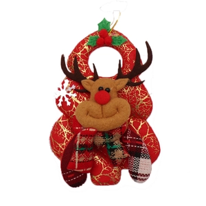 Christmas reindeer hanging ornament with red fabric, gold patterns, and plaid scarf detail