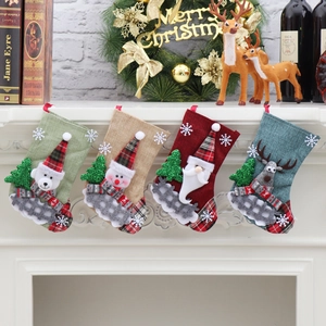Set of four 3D character Christmas stockings hanging on a white fireplace mantel