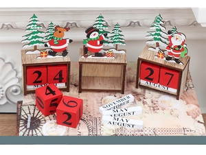 Detailed view of Christmas wooden perpetual calendar with Santa, Snowman and Reindeer shapes