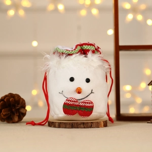 Charming snowman Christmas drawstring gift bag with soft plush trim and festive bow