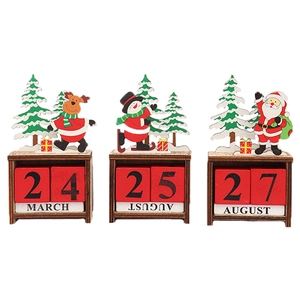 Three festive Christmas wooden perpetual calendars with Santa, snowman and reindeer designs