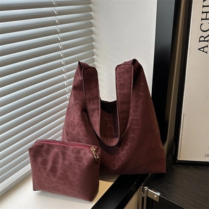 Leopard Print Tote Bag And Pouch Large Capacity Retro Faux Suede Shoulder Crossbody Bag For Women Daily Commute