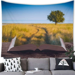 Arazzo decorativo con scena naturale surrealista da un libro aperto per pareti interne