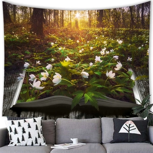 Arazzo da parete naturale con libro 3D che si fonde con foresta lussureggiante e fiori