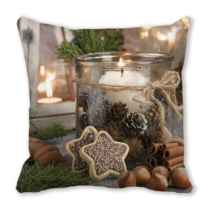 Merry Christmas peach skin pillow featuring candle, pine cones, and cinnamon patterns