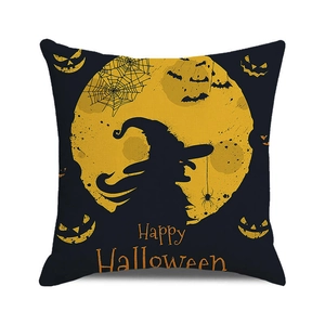 Detail of woven texture on Happy Halloween cushion cover with witch and moon design