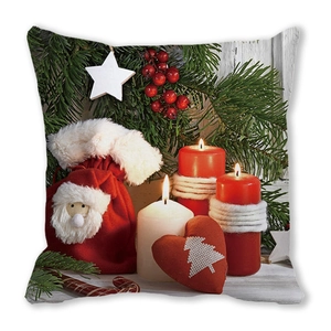 Detail of Christmas throw pillow with candle, Santa gift bag and festive embroidery
