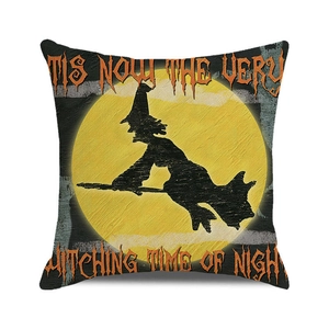 Detail of Halloween witch silhouette pillow cover with vintage poem and cotton-linen texture