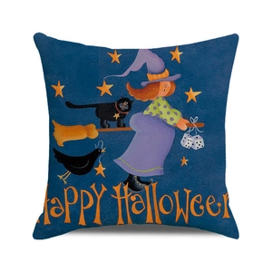 Detailed texture of cotton linen Halloween pillow cover with flying witch and black cat