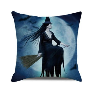 Detail view of gothic Halloween pillow cover showing a witch silhouette flying over moon