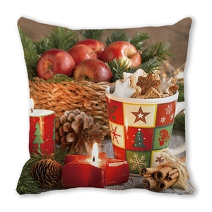 Detail of Christmas peach skin cushion cover with winter still life scene and red apples