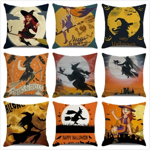 Halloween Cushion Cover Linen Cotton Cartoon Witch Pumpkin Bat Throw Pillow Case For Home Sofa Party Decor