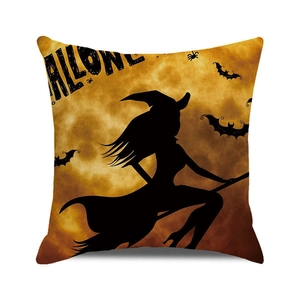 Halloween pillow cover with flying witch silhouette and orange full moon on white background