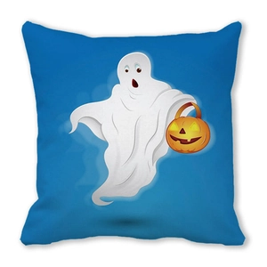 Blaues Halloween-Kissen mit süßem Geist und leuchtender Kürbis-Laterne als Motiv