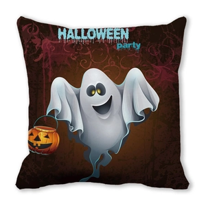 Detail von Halloween-Geist- und Kürbis-Druck auf einem Vintage-Pfirsichhaut-Kissenbezug