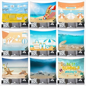 Arazzo in Poliestere con Paesaggio Cartone Animato Spiaggia Estiva Tessuto Spazzolato Isola Tropicale Palma Arredo Casa