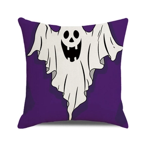Halloween pillow cover with purple background and large white cartoon ghost pattern