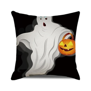 Detail of square Halloween cushion cover with cartoon ghost and pumpkin lamp print