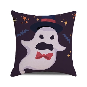 Halloween cartoon ghost pillow cover with pumpkin and bat patterns on white background