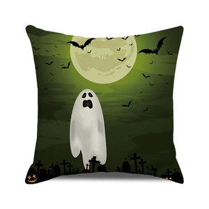 Detail of Halloween cushion cover with cartoon ghost, moon and bats digital print