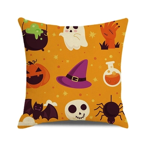 Detailed view of Halloween throw pillow cover with orange pumpkin and ghost print
