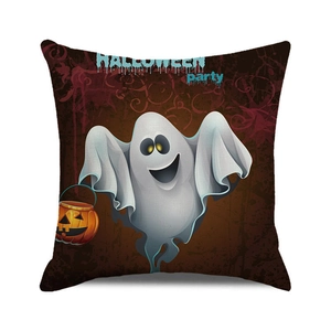 Detail of Halloween pillow case featuring a cute ghost and pumpkin on a dark background