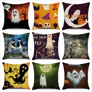 Halloween Decorative Linen Cushion Cover Cartoon Ghost Pumpkin Bat Print Square Pillowcase For Sofa Home Party Decor