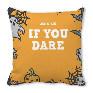 Macro detail of Halloween pillow featuring 'Join Us If You Dare' text and festive motifs