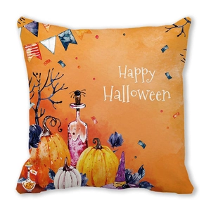 Detailed watercolor print of pumpkin and Happy Halloween text on peach skin fabric