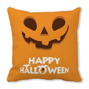 Orange square Halloween throw pillow with Jack-o'-lantern smile and Happy Halloween text